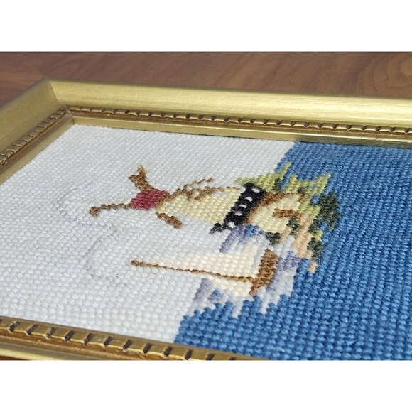 Vintage Framed Needlepoint Windmill & Sailboat Scene Signed 8' x 9' - Picture 5 of 11